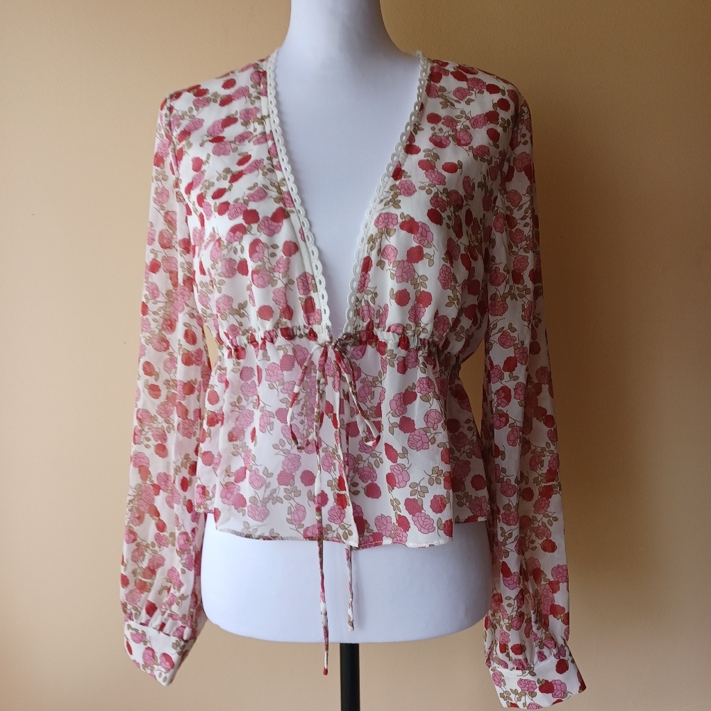 Emory Park Women's Floral Raspberry Peasant Top Size M Sheer Lined  Peplum Waist